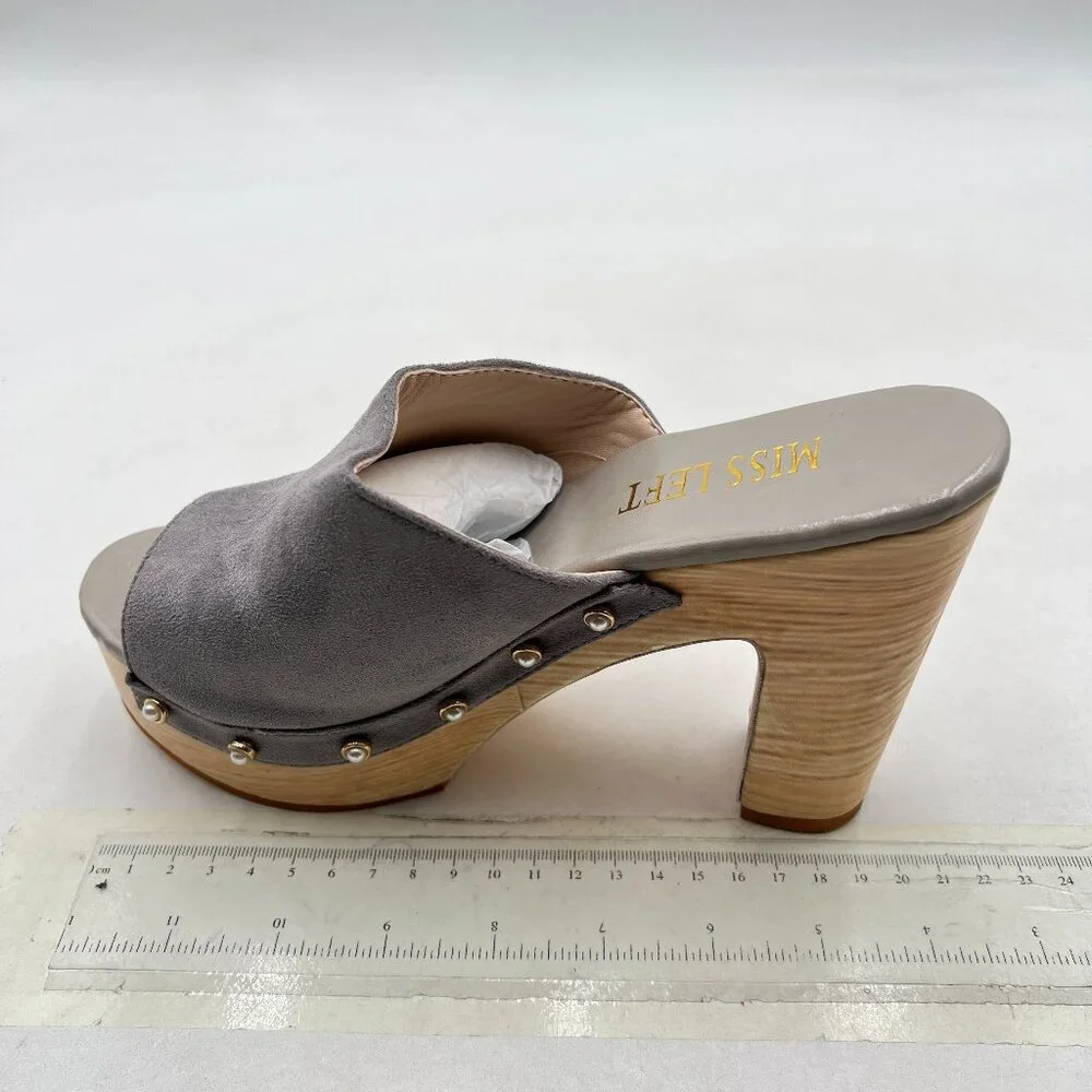 miss left Grey Platform Chunky High Heel Mules Open Toe Studded Slide Sandal
